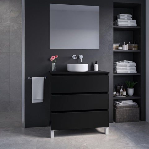 Saniclass Chaci PLUS Meuble de salle de bain - 80x86x46cm - vasque - plan de toilette - 3 tiroirs - noir mat SW1027194