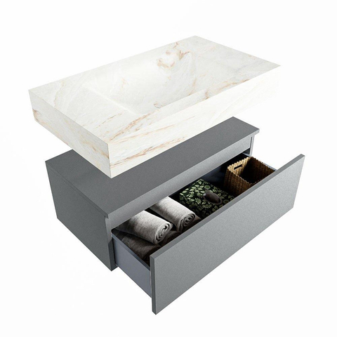 Mondiaz ALAN-DLUX Ensemble de meuble - 80cm - meuble Plata mat - 1 tiroir - Lavabo Cloud Frappe suspendu - vasque Centre - 1 trou de robinet SW805457
