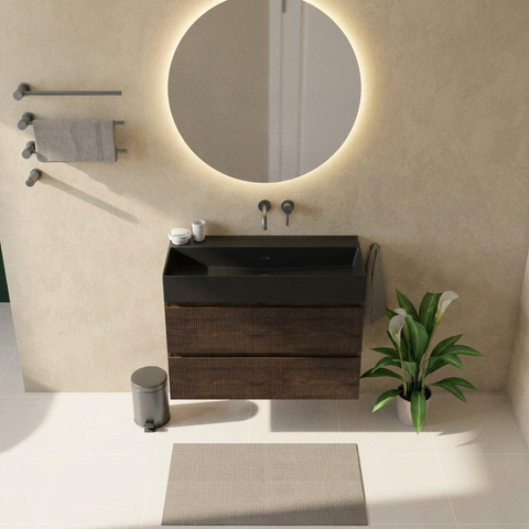 Saniclass Holz Atelier Badkamermeubelset - 100x45x72cm - Legend keramische wastafel mat zwart - 1 wasbak - zonder kraangat - 2 lades - mat eiken charcoal (hout) SW1579628