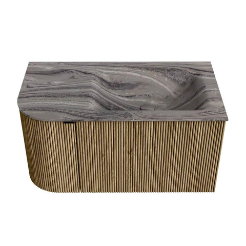 MONDIAZ KURVE-DLUX Meuble de salle de bains 85 cm arrondi à gauche couleur Dusk avec 1 tiroir et 1 porte. Plan-vasque CLOUD à droite sans trou de robinetterie Sombra. SW1433824
