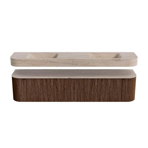 MONDIAZ THOR-DLUX Meuble de salle de bains - 200cm - arrondi gauche + droite - couleur Walnut - 2 tiroirs et 2 portes - Vasque suspendue CLOUD Double sans trou de robinet - couleur Saba SW1467217