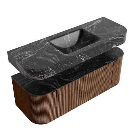 MONDIAZ THOR-DLUX 130cm meuble de salle de bains arrondi gauche + droite couleur Walnut avec 1 tiroir et 2 portes. Vasque suspendue CLOUD Milieu sans trou de robinet couleur Lava. SW1467653