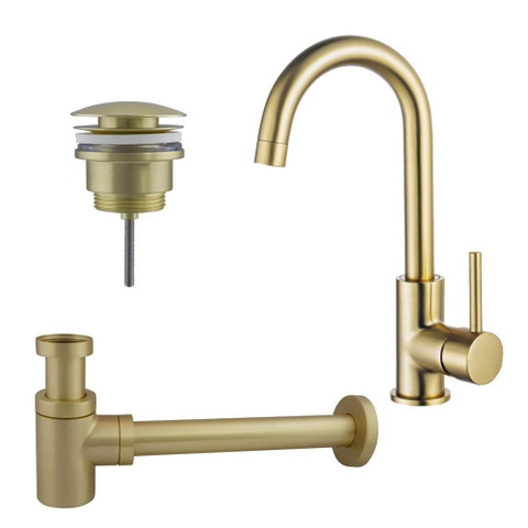 Fortifura Calvi Wastafelkraanset - hoge wastafelkraan - draaibare - uitloop - klikwaste plug - verlaagde design - sifon - PVD - geborsteld messing (goud) SW891977