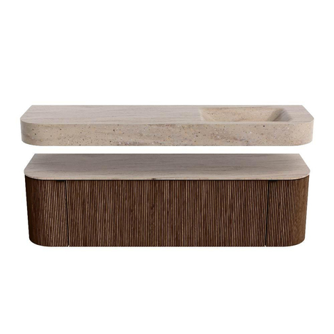 MONDIAZ THOR-DLUX 160cm meuble de salle de bains arrondi gauche + droite couleur Walnut avec 1 tiroir et 2 portes. Vasque suspendue CLOUD Droite 1 trou de robinet couleur Saba. SW1465344