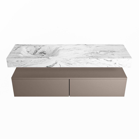Mondiaz ALAN-DLUX Ensemble de meuble - 150cm - meuble Smoke mat - 2 tiroirs - Lavabo Cloud Glace suspendu - vasque Gauche - 0 trous de robinet SW804907