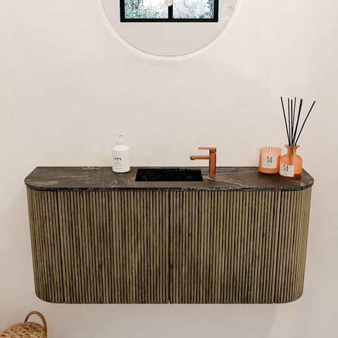 Mondiaz JOYA-DLUX 93.2cm meuble de salle de bains - arrondis gauche et droite couleur Dusk - Vasque FAYE position Milieu 1 trou de robinet couleur Lava. SW1423279