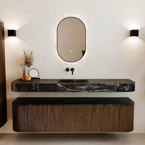 MONDIAZ THOR-DLUX 180cm meuble de salle de bains arrondi gauche + droite couleur Walnut avec 2 tiroirs et 2 portes. Vasque suspendue CLOUD Centre sans trou de robinet couleur Lava. SW1465959