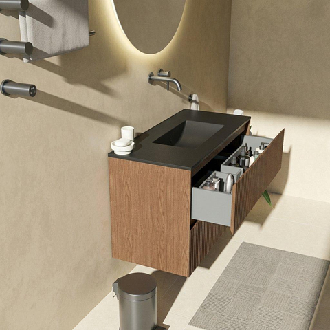Saniclass Holz Atelier Ensemble de meubles de salle de bains - 100x45x62cm - Vasque Vygo en céramique noire - 1 vasque - sans trou de robinetterie - 2 tiroirs - walnut pure mat (bois) SW1478966