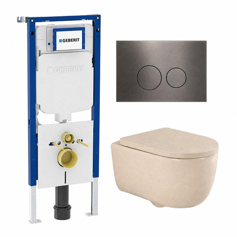 QeramiQ Dely Swirl Toiletset - 36.3x51.7cm - Geberit UP720 Duofix Sigma inbouwreservoir - 35mm zitting - gunmetal bedieningsplaat - ronde knoppen - mat beige SW1416803