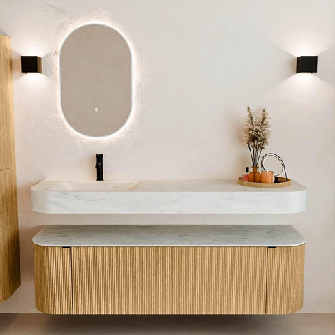 MONDIAZ THOR-DLUX 160cm badmeubel ronding links + rechts kleur Oak met 1 lade en 2 deuren. Vrijhangende wastafel CLOUD Links 1 kraangat kleur Opalo. SW1464986