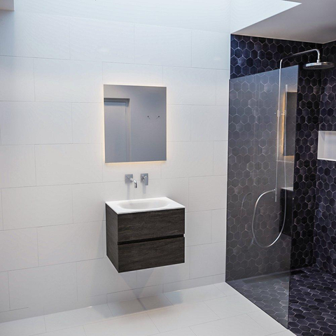 MONDIAZ VICA Ensemble de meuble salle de bain - 60cm - 2 tiroirs - lavabo Moon central - 0 trous de robinet - solid surface marron foncé SW409864