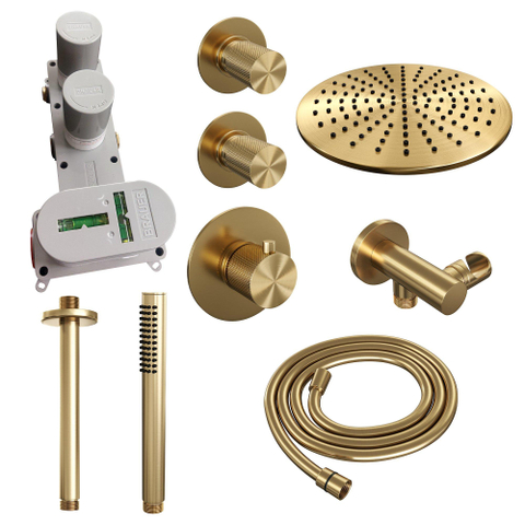 Brauer Gold Carving Douche pluie thermostatique avec pommeau 30cm et bras plafond 20cm et douchette Stylo 1 jet flexible lisse avec coude mural courbé Or brossé PVD SW715519