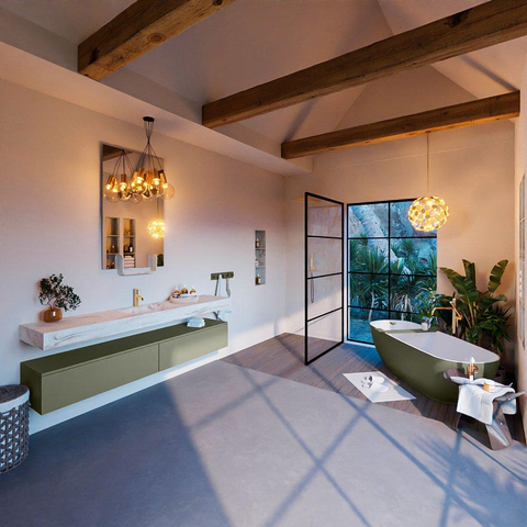 Mondiaz ALAN-DLUX Ensemble de meuble - 200cm - meuble Army mat - 2 tiroirs - Lavabo Cloud Frappe suspendu - vasque Centre - 1 trou de robinet SW804851