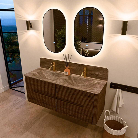 Mondiaz CIRO-DLUX Badkamermeubelset - 130x45x50cm - Solid surface wastafel Oza - 2 wasbak Dubbel - 2 kraangaten - 4 lades - Dusk SW1533324