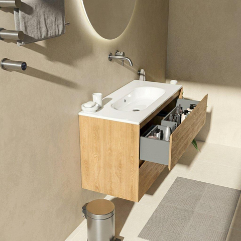 Saniclass Holz Pure Badkamermeubelset - 100x45x73.9cm - Chaci keramische wastafel wit - 1 wasbak - zonder kraangat - 2 lades - mat eiken natural (hout) SW1478814