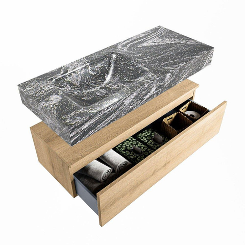 Mondiaz ALAN-DLUX Ensemble de meuble - 110cm - meuble Washed Oak mat - 1 tiroir - Lavabo Cloud Lava suspendu - vasque Gauche - 1 trou de robinet SW808886