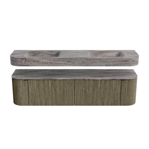 MONDIAZ THOR-DLUX 180cm meuble de salle de bains arrondi gauche + droite couleur Shadow avec 2 tiroirs et 2 portes. Vasque suspendue CLOUD Double 2 trous de robinet couleur Oza. SW1466318