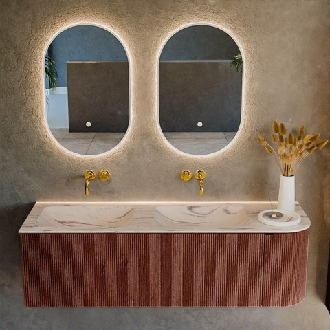 MONDIAZ KURVE-DLUX Meuble de salle de bains 145cm arrondi Droit couleur Ruby avec 1 tiroir et 1 porte. Lavabo LEAF Double / Gauche sans trou de robinet Nata. SW1432573