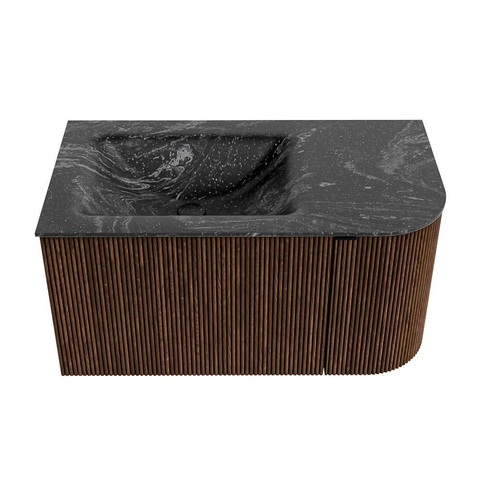 MONDIAZ KURVE-DLUX Meuble de salle de bains 85 cm avec module 25 R couleur Walnut avec 1 tiroir et 1 porte. Lavabo CLOUD gauche sans trou de robinet couleur Lava. SW1137190