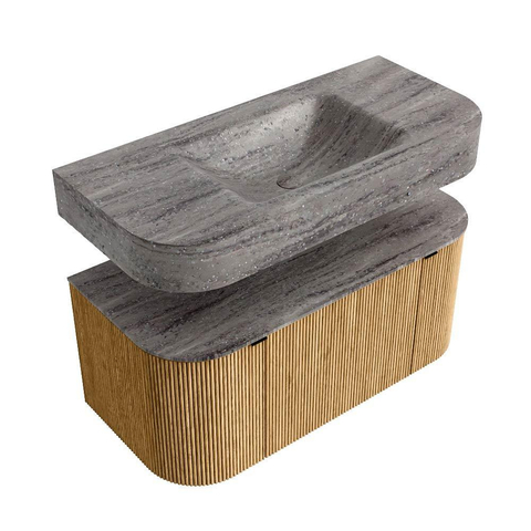MONDIAZ THOR-DLUX 100cm meuble de salle de bains arrondi gauche + droite couleur Oak avec 1 tiroir et 2 portes. Vasque suspendue CLOUD Milieu sans trou de robinet couleur Oza. SW1467570