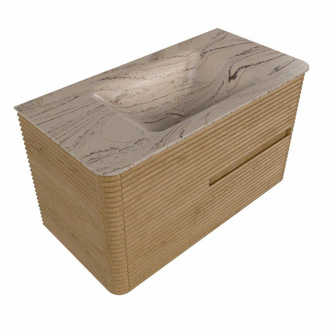 Mondiaz CIRO-DLUX Ensemble de meubles de salle de bains - 90x45x50cm - plan-vasque solid surface Arena - 1 vasque au centre - sans trous de robinetterie - 2 tiroirs - Chêne SW1530951