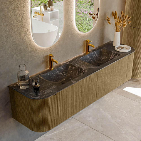 Mondiaz KURVE-DLUX Ensemble de meuble de salle de bains - 180x46x40cm - 2 tiroirs - 2 portes - vasque solid surface - double - 2 trous de robinet - Dusk SW1415550