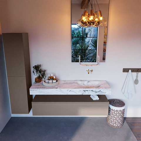 Mondiaz ALAN-DLUX Ensemble de meuble - 150cm - meuble Smoke mat - 1 tiroir - Lavabo Cloud Glace suspendu - vasque Droite - 0 trous de robinet SW805701