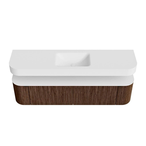 MONDIAZ THOR 180cm badmeubel ronding links + rechts kleur Walnut met 2 lades en 2 deuren. Vrijhangende wastafel CLOUD Midden 1 kraangat kleur Talc. SW1465940