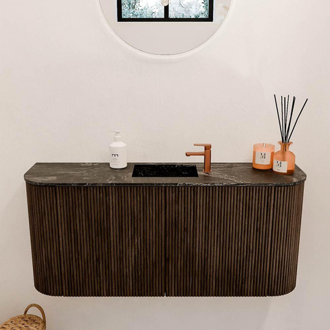 Mondiaz JOYA-DLUX Meuble de salle de bains 93.2cm - arrondis gauche et droite couleur Noyer - Vasque FAYE position Milieu 1 trou de robinet couleur Lava SW1422495