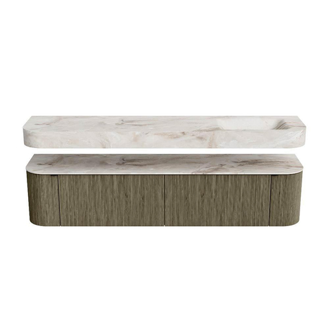 MONDIAZ THOR-DLUX Meuble de salle de bains 200cm arrondi gauche + droite couleur Shadow avec 2 tiroirs et 2 portes. Vasque suspendue CLOUD Droite sans trou de robinet couleur Frappe. SW1467025