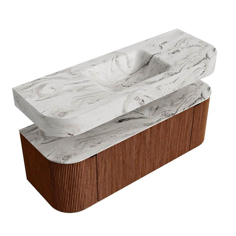 MONDIAZ THOR-DLUX 130cm meuble de salle de bains arrondi gauche + droite couleur Ruby avec 1 tiroir et 2 portes. Vasque suspendue CLOUD Milieu 1 trou de robinet couleur Glace. SW1463699