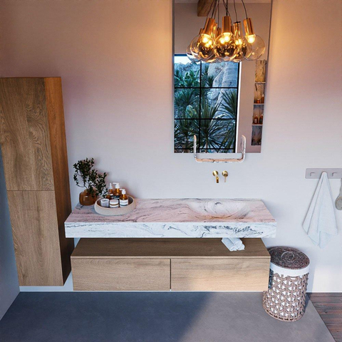 Mondiaz ALAN-DLUX Ensemble de meuble - 150cm - meuble Washed Oak mat - 2 tiroirs - Lavabo Cloud Glace suspendu - vasque Droite - 0 trous de robinet SW808690