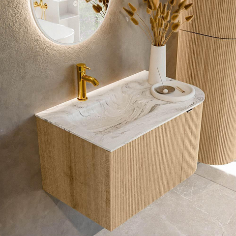MONDIAZ KURVE-DLUX meuble de salle de bains 75cm avec module 25 R couleur chêne avec 1 tiroir et 1 porte. Lavabo GRUNNE gauche 1 trou de robinet couleur Glace. SW1137890