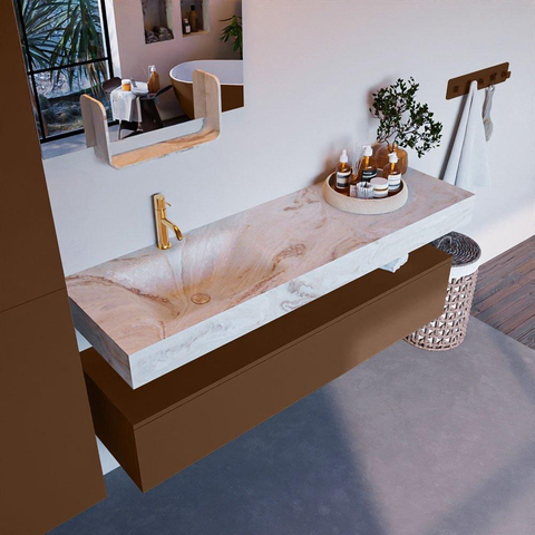 Mondiaz ALAN-DLUX Ensemble de meuble - 150cm - meuble Rust mat - 1 tiroir - Lavabo Cloud Frappe suspendu - vasque Gauche - 1 trou de robinet SW804763