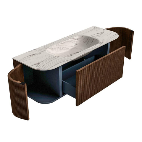MONDIAZ KURVE-DLUX 130cm badmeubel ronding Links + Rechts kleur Walnut met 1 lade en 2 deuren. Wastafel BIG SMALL Midden 1 kraangat Nata. SW1432180