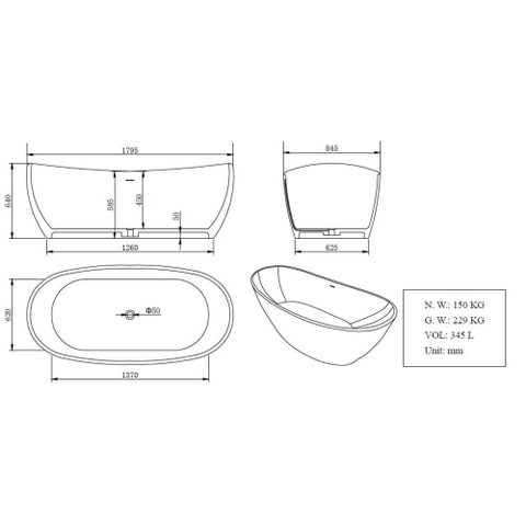 Wiesbaden Eva solid surface vrijstaand bad 179.5x84.5x64cm mat wit SW102832