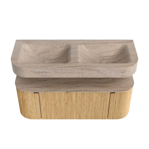 MONDIAZ THOR-DLUX 120cm badmeubel ronding links + rechts kleur Oak met 1 lade en 2 deuren. Vrijhangende wastafel CLOUD Dubbel 2 kraangaten kleur Saba. SW1463434