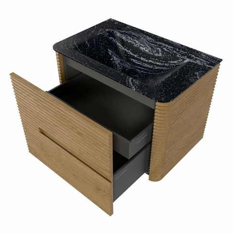 Mondiaz CIRO-DLUX Meuble de salle de bains - 70x45x50cm - lavabo solid surface Lava - 1 vasque au milieu - sans trous de robinet - 2 tiroirs - Chêne SW1531060