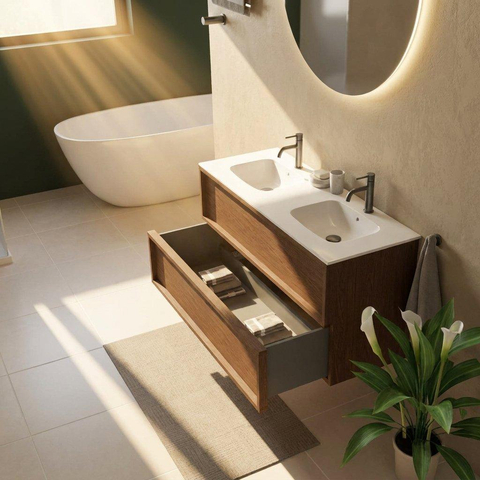 Saniclass Holz Frame Ensemble meuble de salle de bains - 120x45x61.5cm - Flow lavabo en solid surface blanc - 2 vasques - 2 trous de robinet - 2 tiroirs - mat walnut pure (bois) SW1579788