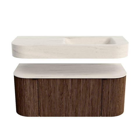 MONDIAZ THOR-DLUX 110cm badmeubel ronding links + rechts kleur Walnut met 1 lade en 2 deuren. Vrijhangende wastafel CLOUD Rechts 1 kraangat kleur Meli. SW1462901