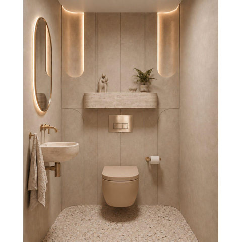 QeramiQ Dely Swirl Toiletset - 36.3x51.7cm - Geberit UP720 Duofix Sigma inbouwreservoir - 35mm zitting - geborsteld messing bedieningsplaat - rechthoekige knoppen - beige SW1416806