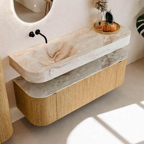 MONDIAZ THOR-DLUX Meuble de salle de bains 140cm arrondi gauche + droite couleur Oak avec 1 tiroir et 2 portes. Vasque suspendue CLOUD Gauche sans trou de robinet couleur Frappe. SW1467657