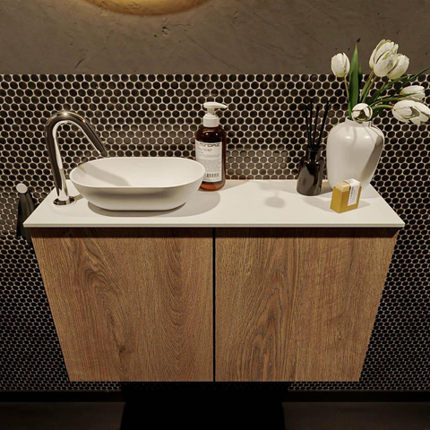 Mondiaz Fowy Meuble WC - 80x50x23cm - chêne blanchi mat - 1 trou de robinet - lavabo à gauche - 2 portes - solid surface - plan Mélamine - lavabo : blanc SW761430