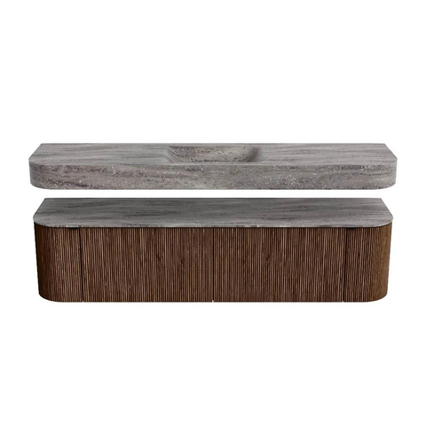MONDIAZ THOR-DLUX 180cm badmeubel ronding links + rechts kleur Walnut met 2 lades en 2 deuren. Vrijhangende wastafel CLOUD Midden 1 kraangat kleur Oza. SW1466289