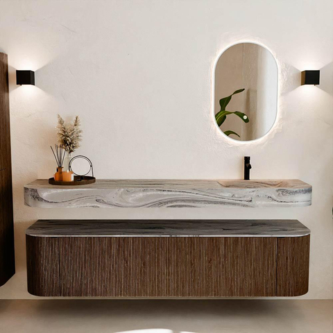 MONDIAZ THOR-DLUX 190cm meuble de salle de bains arrondi gauche + droite couleur Walnut avec 2 tiroirs et 2 portes. Vasque suspendue CLOUD Droite 1 trou de robinet couleur Sombra. SW1466715