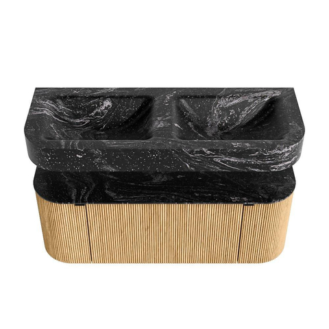 MONDIAZ THOR-DLUX 120cm meuble de salle de bains arrondi gauche + droite couleur Oak avec 1 tiroir et 2 portes. Vasque suspendue CLOUD Double 2 trous de robinet couleur Lava. SW1463088