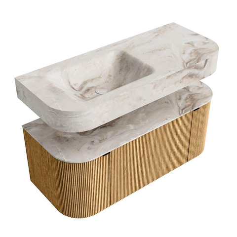 MONDIAZ THOR-DLUX 110cm badmeubel ronding links + rechts kleur Oak met 1 lade en 2 deuren. Vrijhangende wastafel CLOUD Links zonder kraangat kleur Frappe. SW1462723