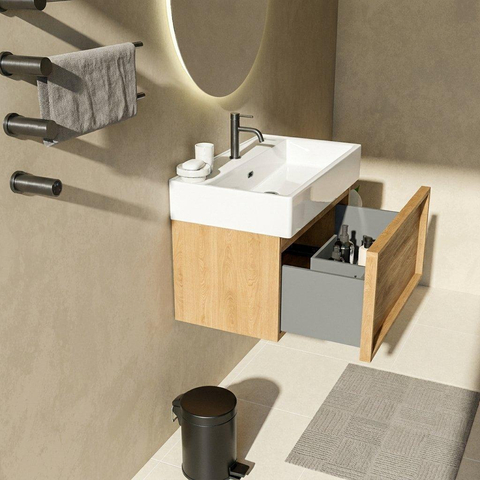 Saniclass Holz Frame Badkamermeubelset - 80x45x52cm - Legend keramische wastafel wit - 1 wasbak - 1 kraangat - 1 lade - mat eiken natural (hout) SW1478474