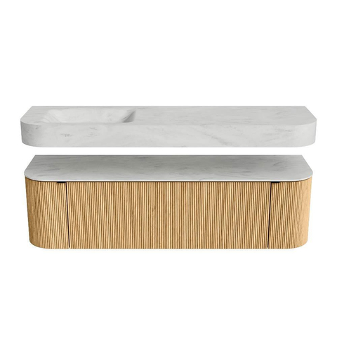 MONDIAZ THOR-DLUX 160cm badmeubel ronding links + rechts kleur Oak met 1 lade en 2 deuren. Vrijhangende wastafel CLOUD Links 1 kraangat kleur Opalo. SW1464986