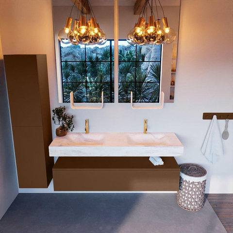 Mondiaz ALAN-DLUX Ensemble de meuble - 150cm - meuble Rust mat - 1 tiroir - Lavabo Cloud Ostra suspendu - vasque Gauche et droite - 2 trous de robinet SW807325
